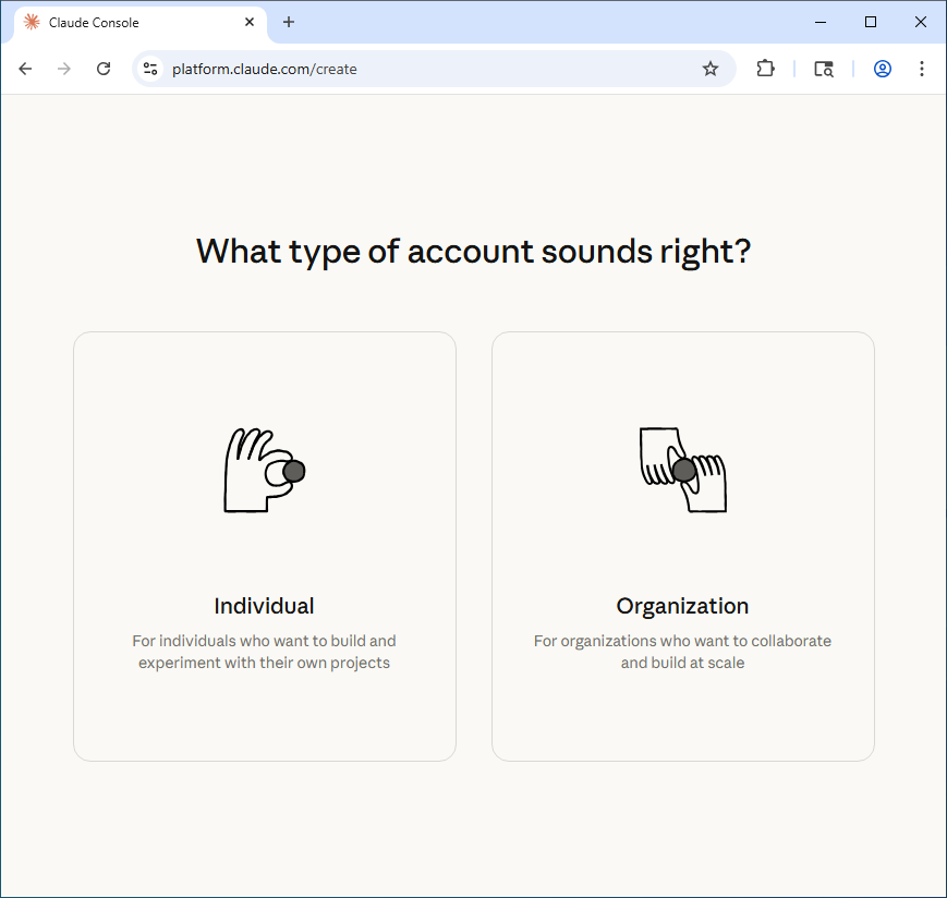 Screenshot of the account selection screen for claude. Showing Individual and Organization options.
