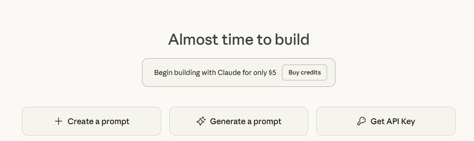 Screenshot of the home page once logged into Claude where there is a button to buy credits