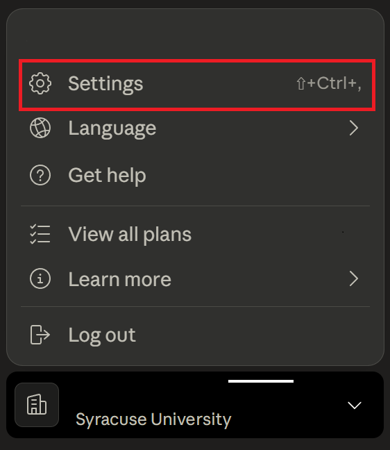 A screenshot of the menu that appears when clicking the profile in the bottom left and a red box highlight the Settings option