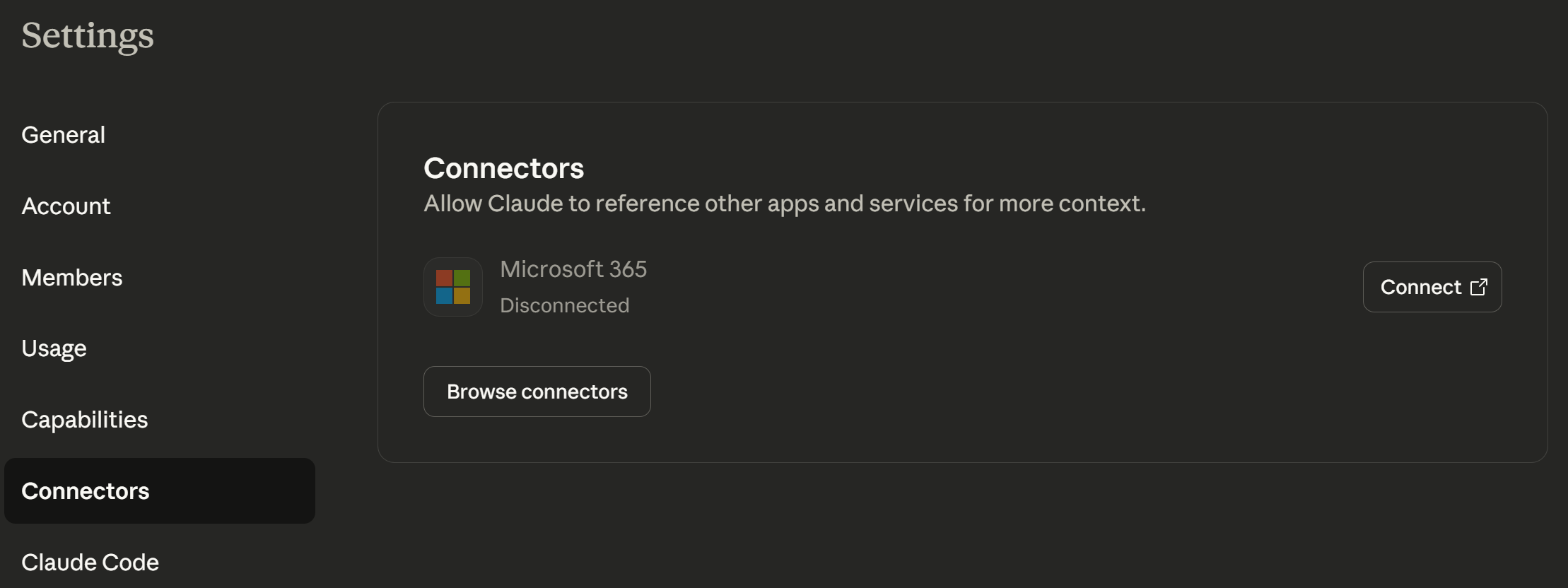 Screenshot showing the Connectors option selected and the Microsoft 365 connector option