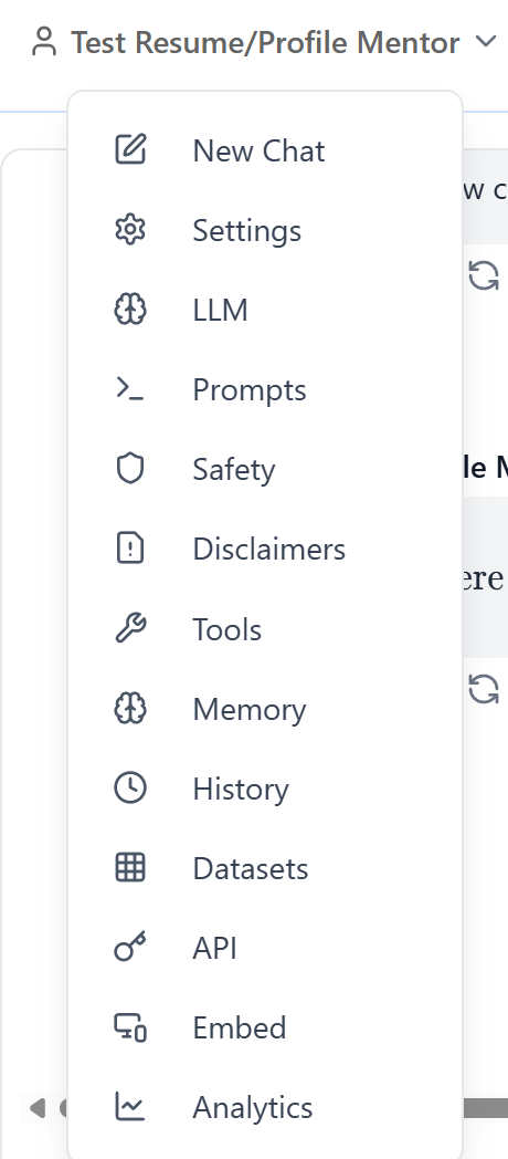 Screenshot of a mentor's drop down menu, including the API selection near the bottom.