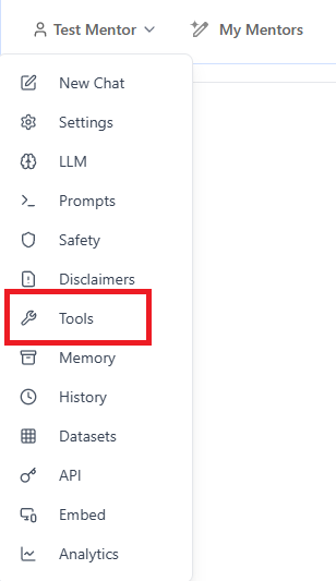 screenshot showing the dropdown menu and location of tools highlighted with a red box