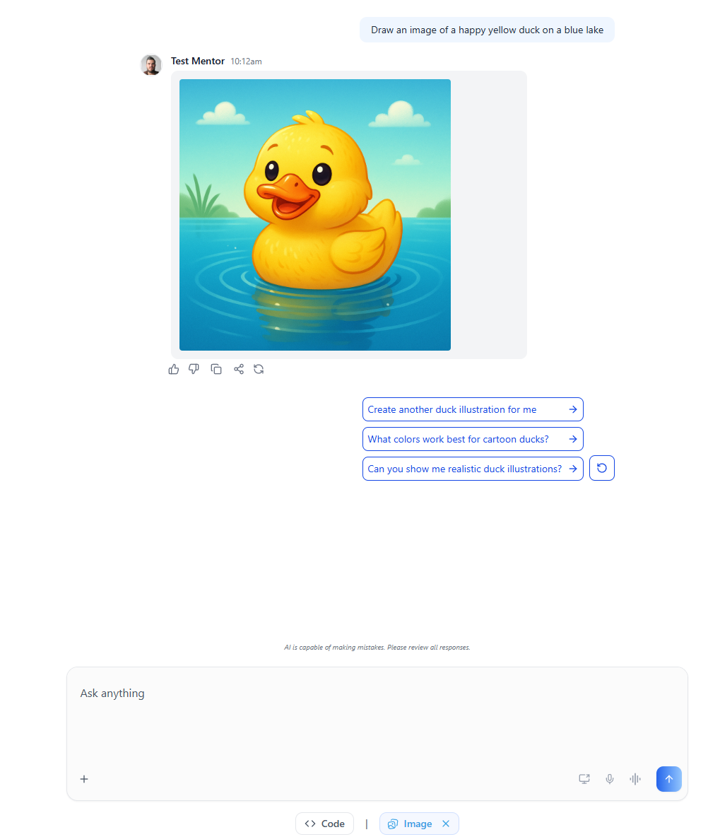 screenshot of a mento prompt asking it to generate a yellow duck on a lake. The mentor responded with the generated image of a duck on a lake